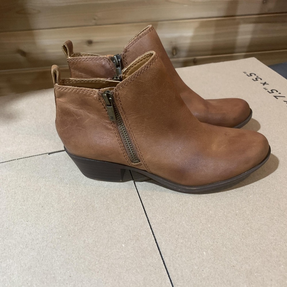 Lucky Brand LK Basel Brown Leather Ankle Booties Side Zip Block Heel Size 7